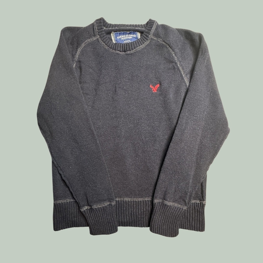 American Eagle Sweater Mens M Navy Blue Crewneck Raglan Contrast Stitch Logo